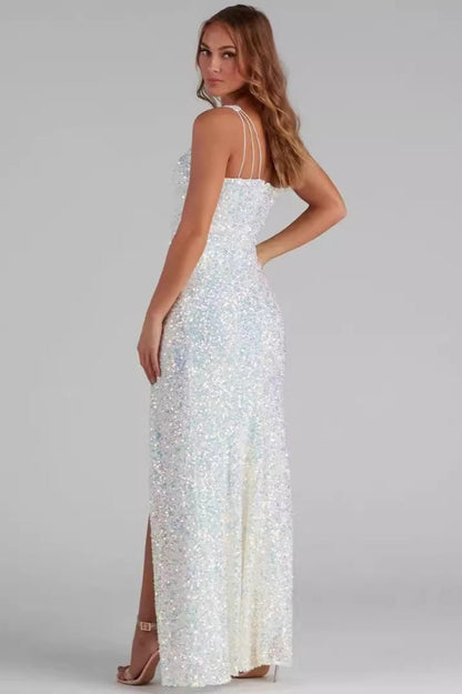 Sexy One-Shoulder Sleeveless Slit Bodycon Party Sequin Dress