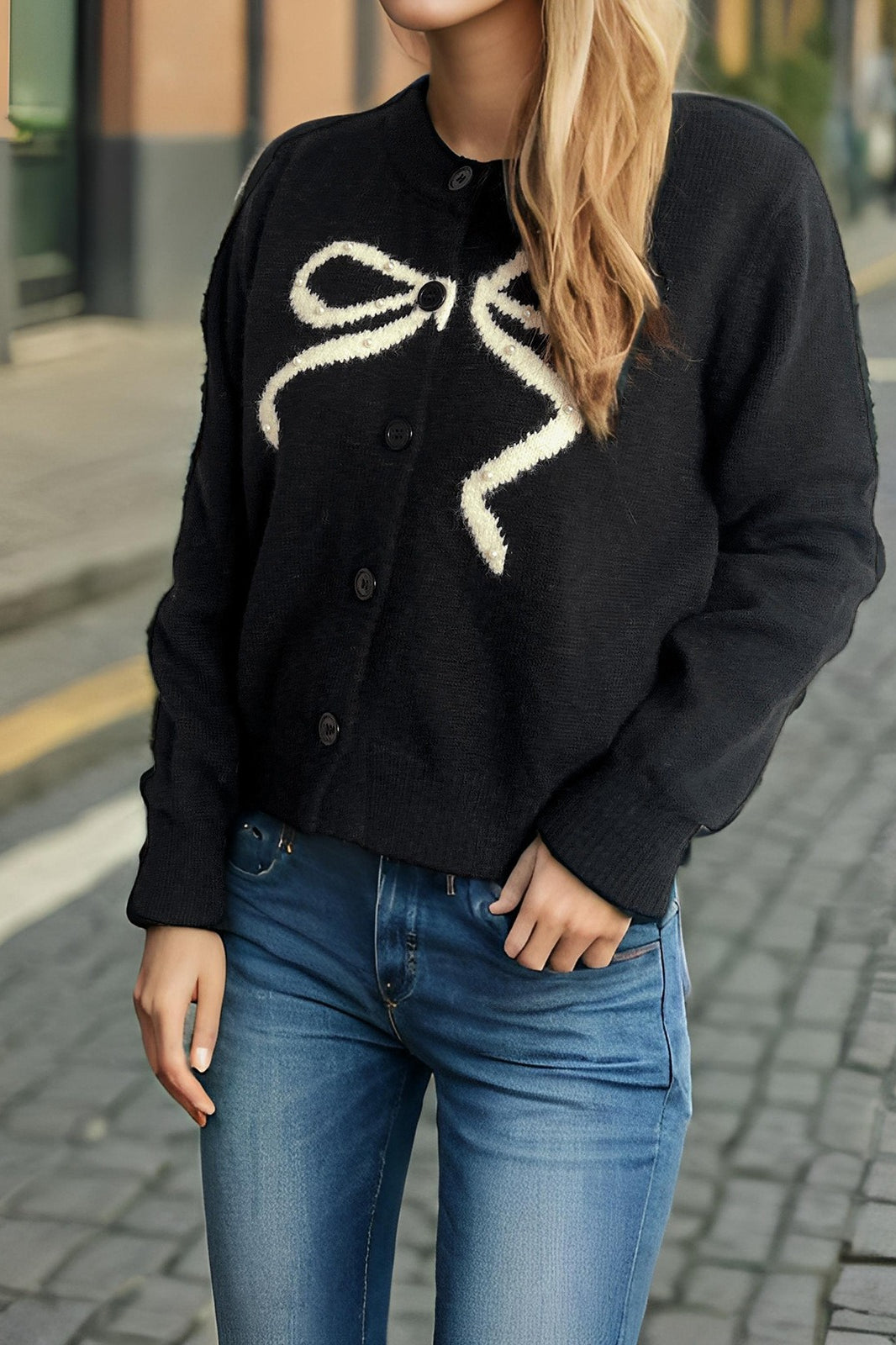 Solid Bow Jacquard Round Christmas Cardigan