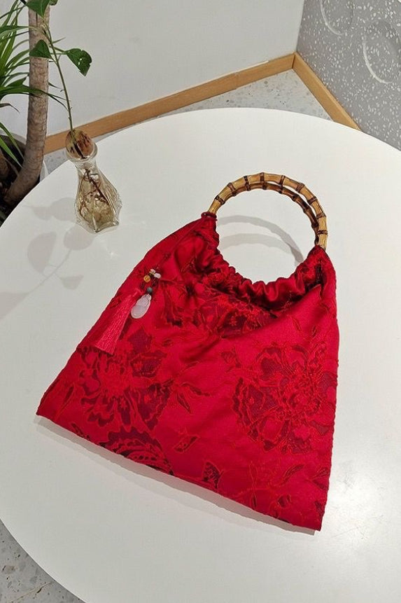 Red Bamboo Handle Handmade Butterfly Retro Top Handle Bag