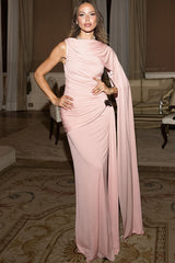 One Shoulder Cape Sleeve Ruched Maxi Dress