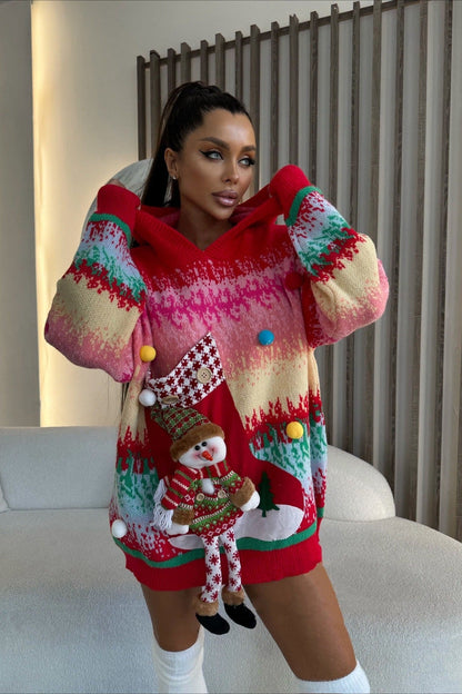 Christmas 3D Snowman Hooded Pom Sweater