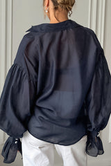 Sheer Balloon Sleeve Button Blouse