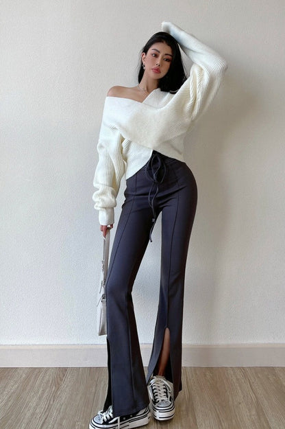 Solid V-Neck Crisscross Cold Shoulder Asymmetric Sweater