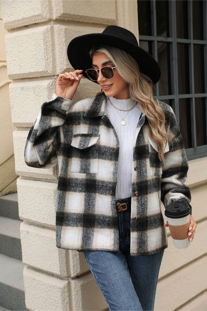 Loose Plaid Lapel Faux Wool Long Sleeve Christmas Outerwear