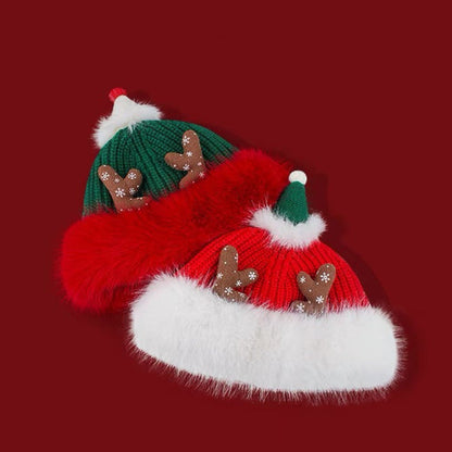 Reindeer Fleece Lined Knit Christmas Hat