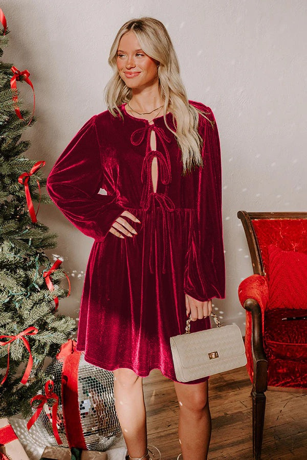 Velvet Loose Cutout Tie Waist Mini Dress