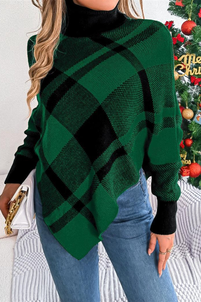 Christmas Plaid Contrast Turtleneck Cape Sweater