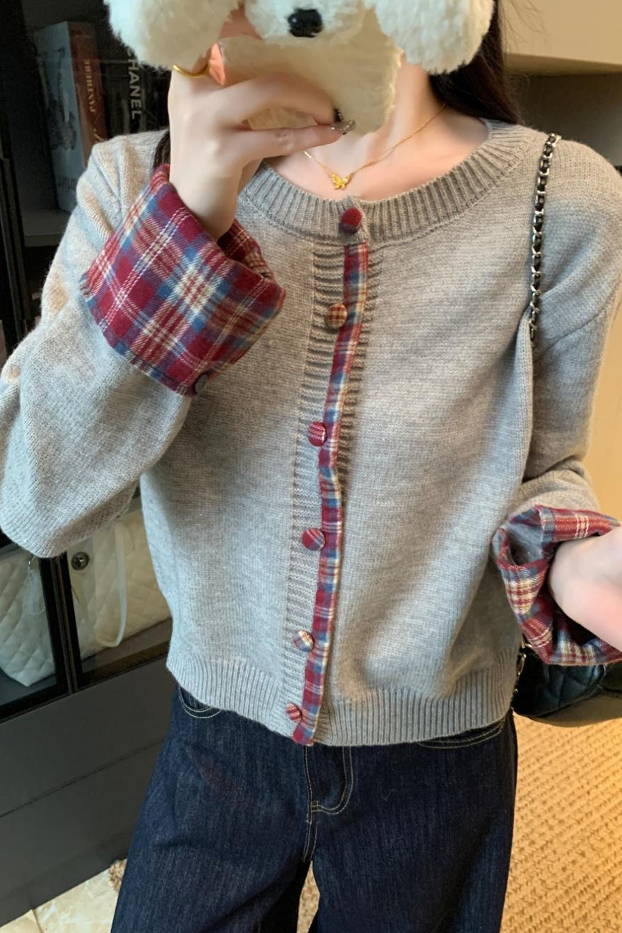 Red Plaid Contrast Round Neck Christmas Cardigan