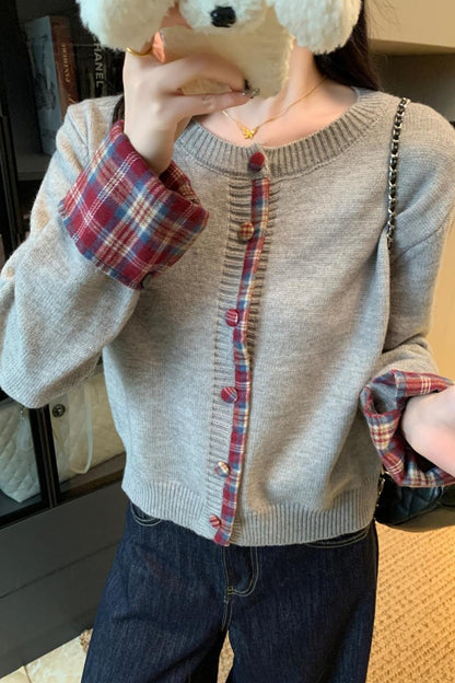 Red Plaid Contrast Round Neck Christmas Cardigan