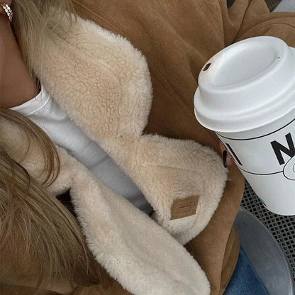 Fashion Lamb Woolen Spliced Warm Coat For Women Vintage Side Buttons Lapel Full Sleeve Jackets Lady Autumn Winter Thick Outwear