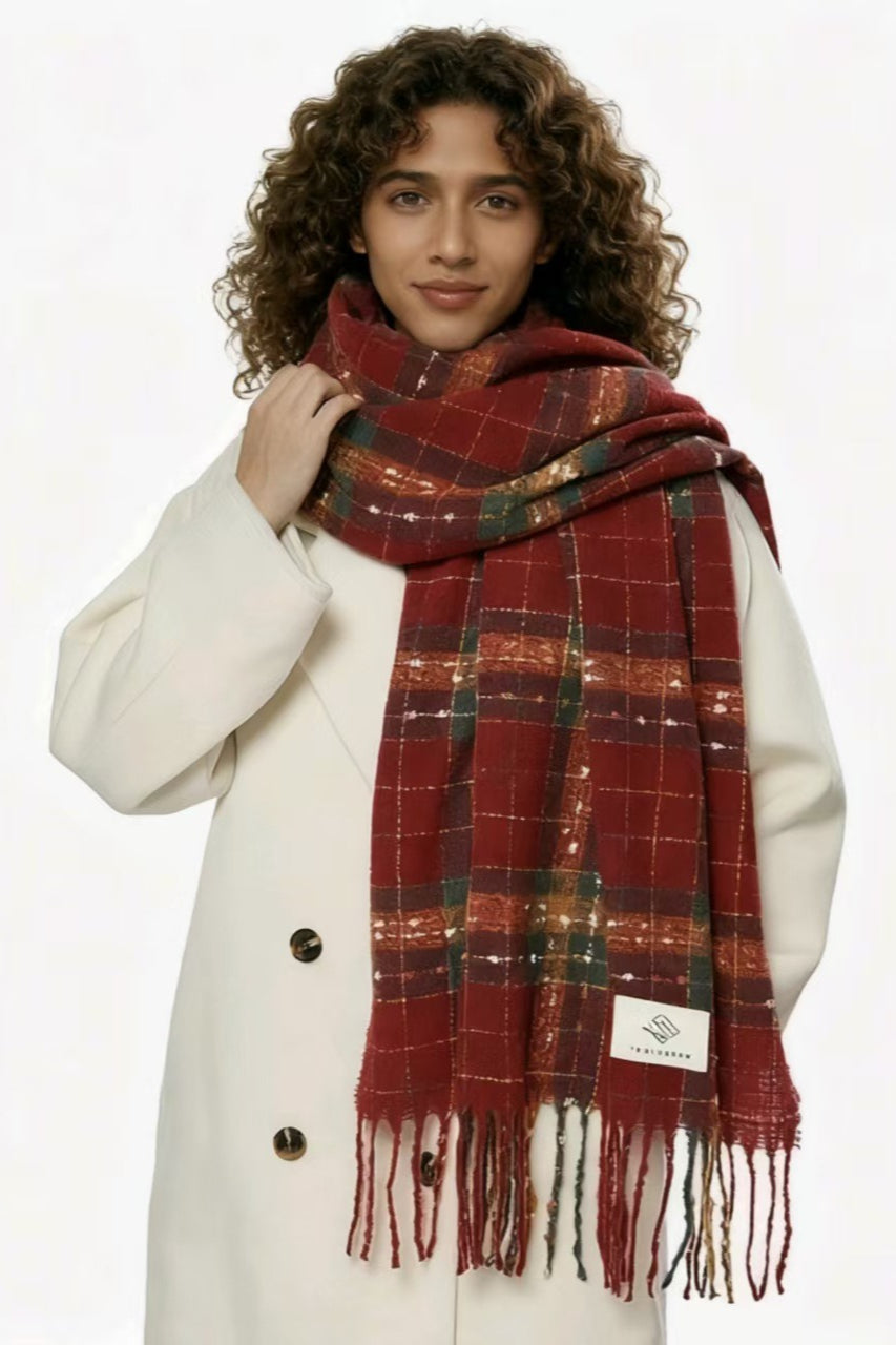 Plaid Fringe Thermal Knit Christmas Scarf