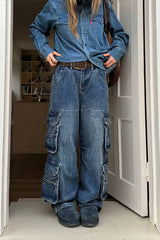 Multi Pocket Washed Streetwear Straight Leg Jeans
