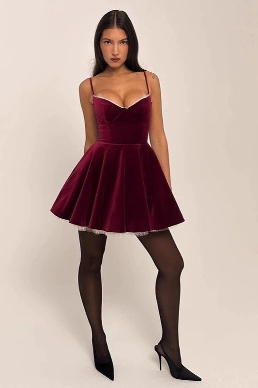 Elegant Sleeveless Cami Fitted Waist Mini Velvet Dress