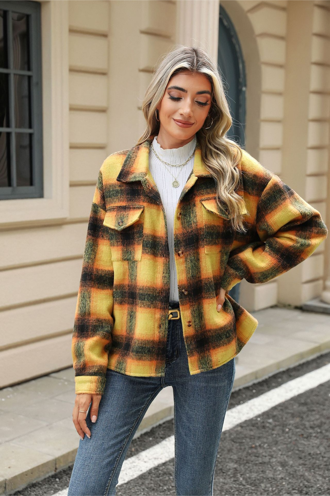 Loose Plaid Lapel Faux Wool Long Sleeve Christmas Outerwear
