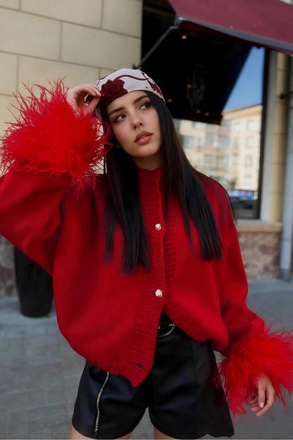 Furry Cuff Metal Button Christmas Cardigan