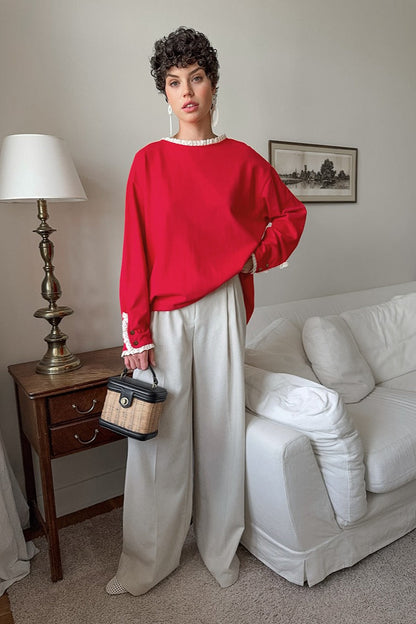 Ruffled Trim Paneled Loose Round Neck Long Sleeve Tee