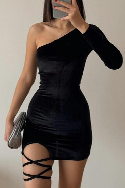 Solid One Shoulder Tie Sexy Bodycon Slim Velvet Dress