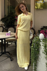 Openwork Polo Knit Top Maxi Skirt Set
