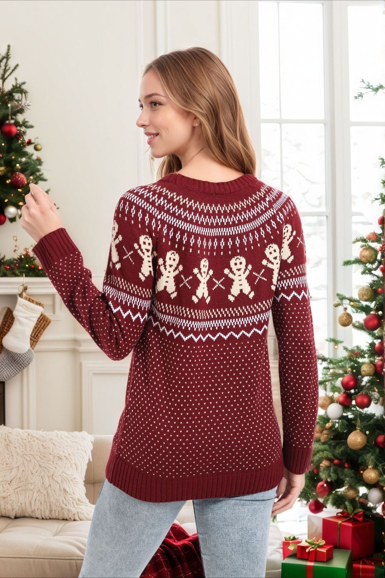 Christmas Gingerbread Man Polka Dot Cute Color Block Sweater