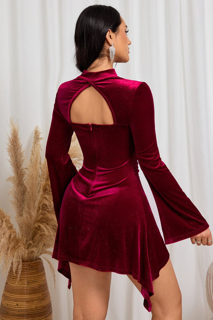 Ruched Silk Shiny Halter Asymmetric Mini Dress