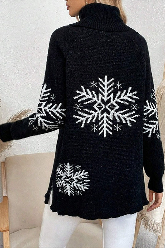 Solid Color Turtleneck Christmas Snowflake Print Sweater