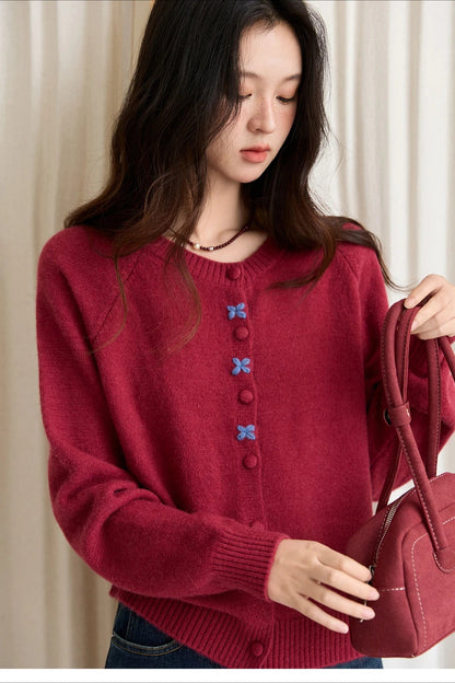 Round Neck Embroidered Buckle Christmas Cardigan