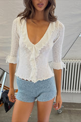 Ruffle Trim Ribbed V Neck Knit Top