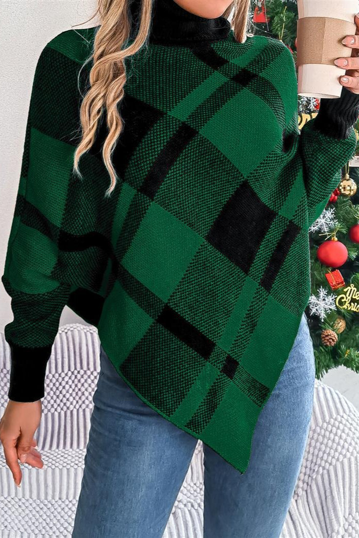 Christmas Plaid Contrast Turtleneck Cape Sweater
