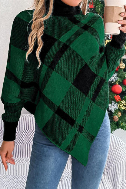 Christmas Plaid Contrast Turtleneck Cape Sweater