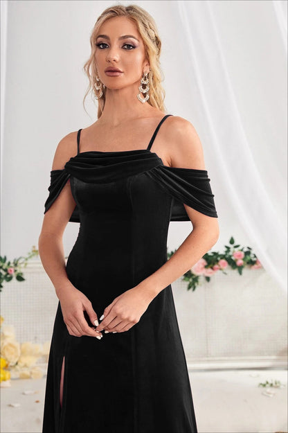 Velvet Off Shoulder Sling Split Maxi Evening Velvet Dress