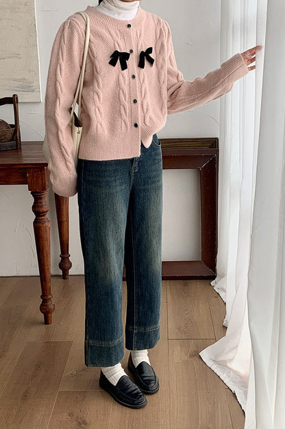 Sparkle Bow Detail Ribbed Christmas Cardigan