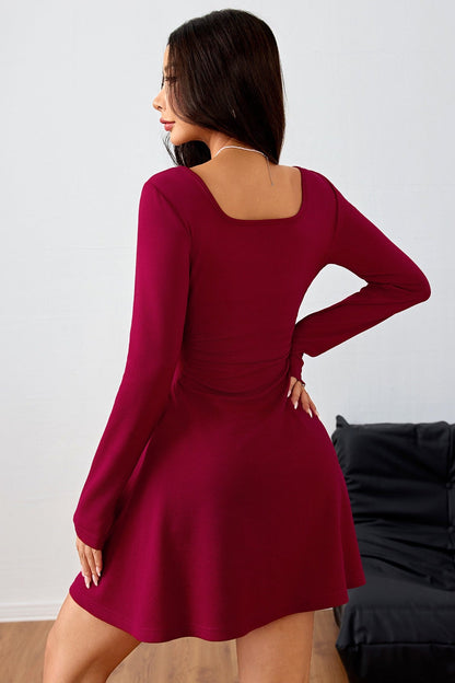 Ruched Solid Square Neck High Waist Elegant Mini Dress