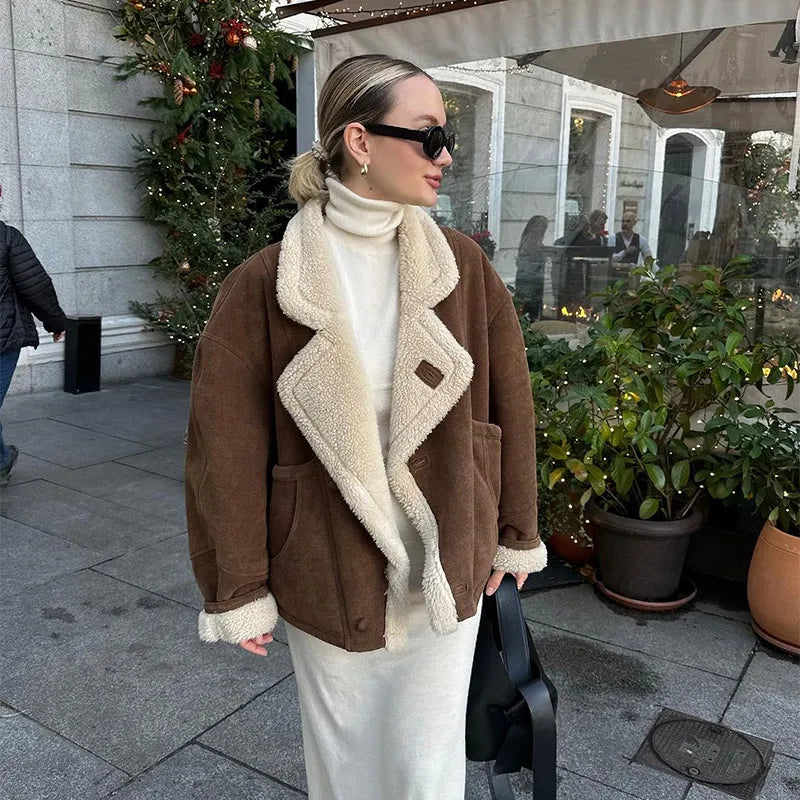 Fashion Lamb Woolen Spliced Warm Coat For Women Vintage Side Buttons Lapel Full Sleeve Jackets Lady Autumn Winter Thick Outwear