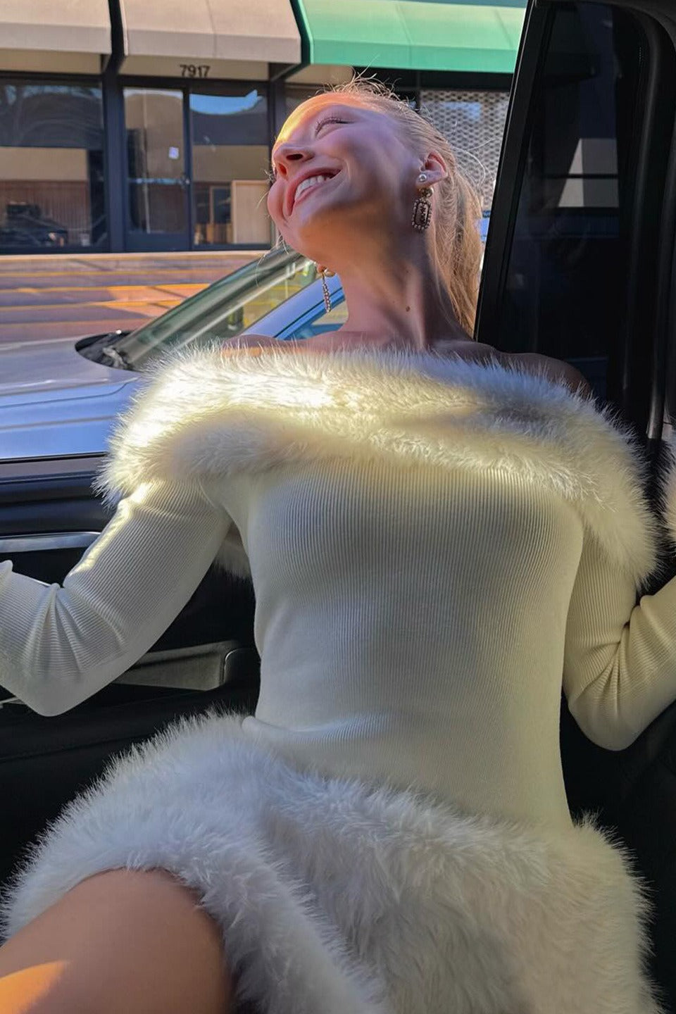 Plush Trimmed Off Shoulder Slim Knit Formal Sweater Dress