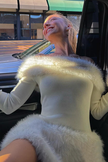 Plush Trimmed Off Shoulder Slim Knit Formal Sweater Dress