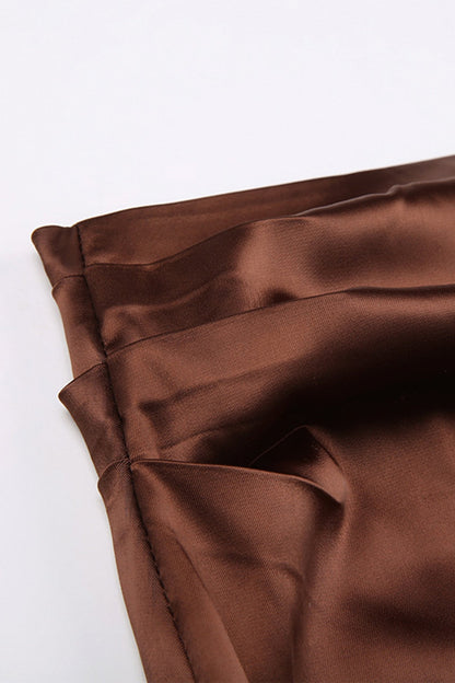 Brown Satin Low-Rise Slit Midi Skirt