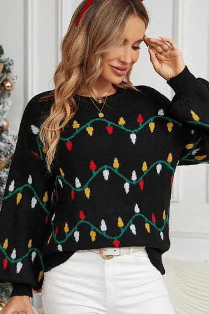 Christmas Lights Stripe Pattern Color Block Crew Neck Sweater