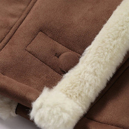 Fashion Lamb Woolen Spliced Warm Coat For Women Vintage Side Buttons Lapel Full Sleeve Jackets Lady Autumn Winter Thick Outwear