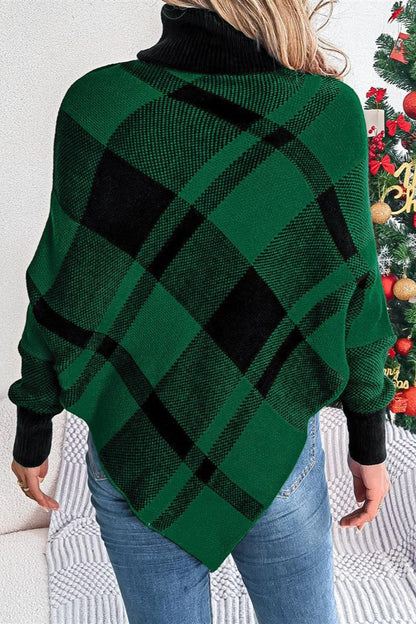 Christmas Plaid Contrast Turtleneck Cape Sweater