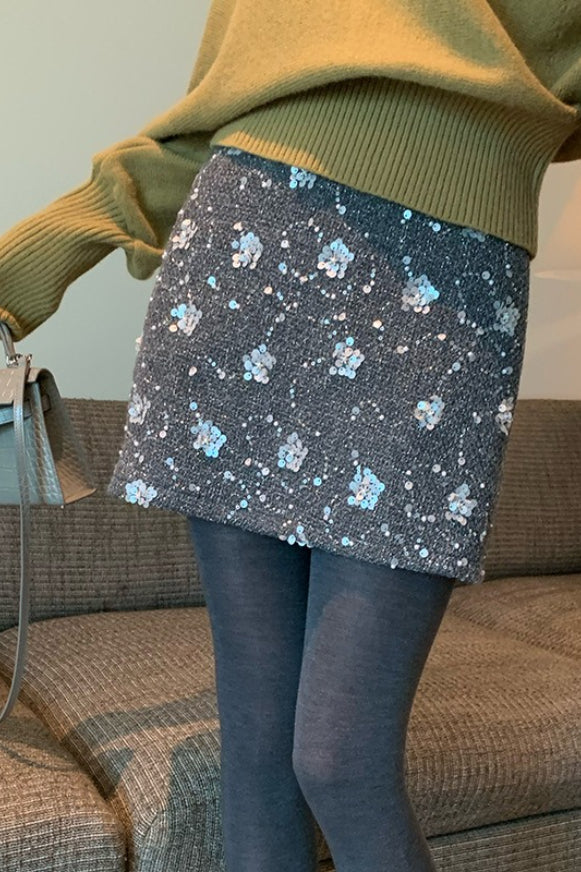 Embroidered Sequin High Waist A-Line Christmas Skirt