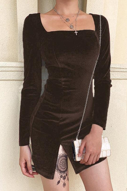 Solid Korean Velvet U Neck Long Sleeve Split Velvet Dress