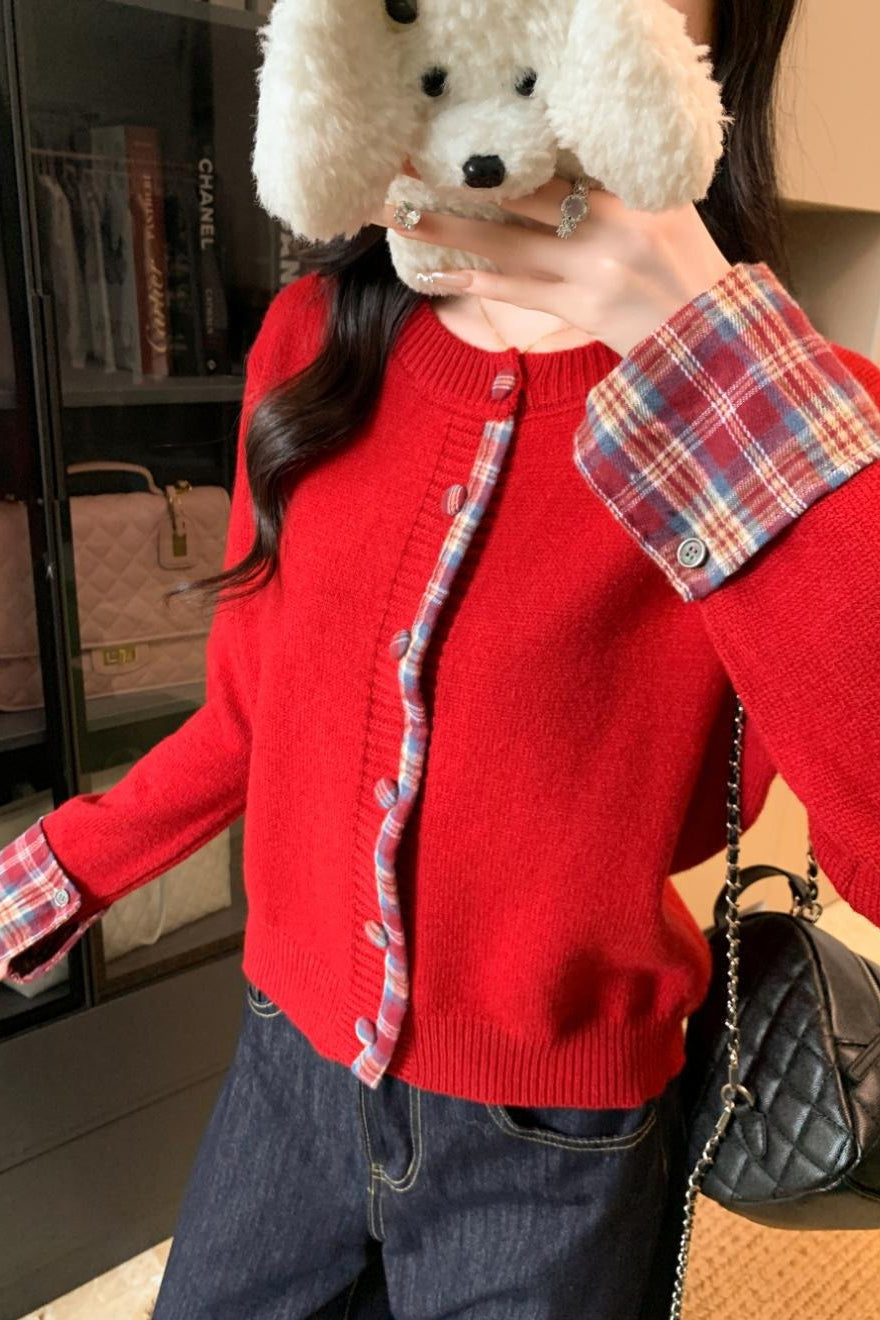 Red Plaid Contrast Round Neck Christmas Cardigan