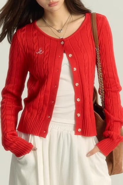 Maroon Cable Cropped Knit Christmas Cardigan