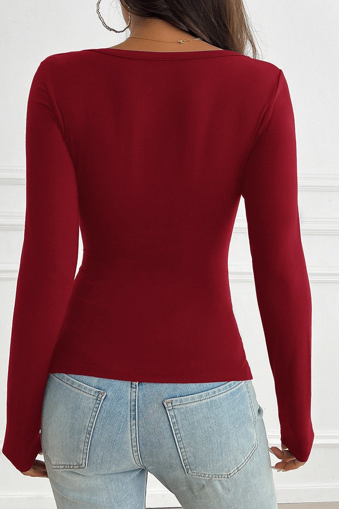 Button Detail Lace Trim V-Neck Long Sleeve Tee