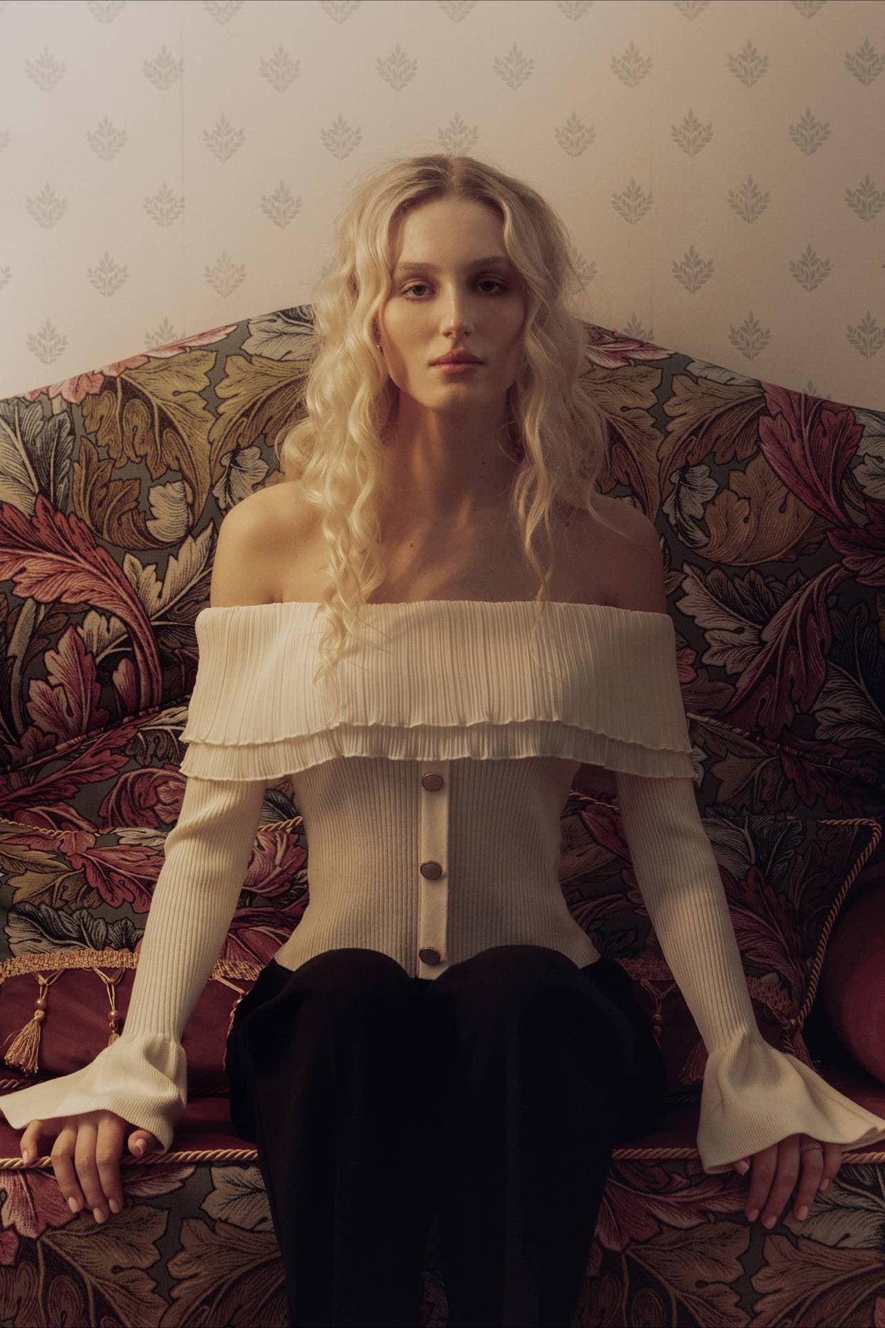 Paneled Ruched Buttoned Off-the-Shoulder Long Sleeve Tee