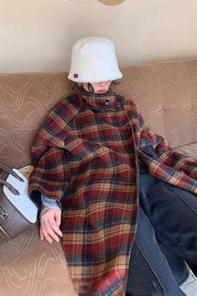 Plaid Wool Blend Stand Collar Mid-Length Christmas Outerwear