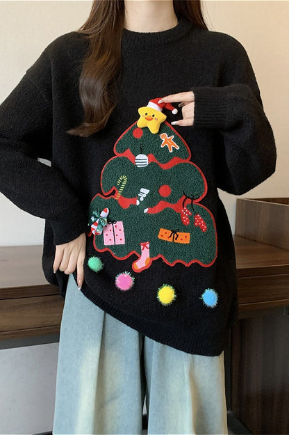 Christmas 3D Pom Pom Christmas Tree Print Sweater