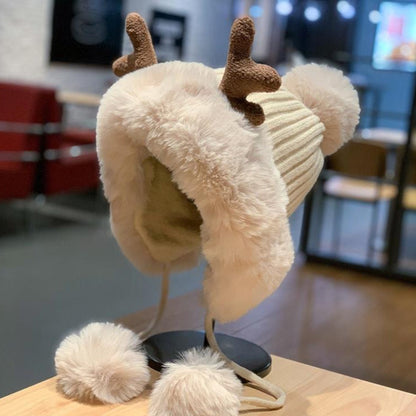 Reindeer Antler Pom Pom Earflap Christmas Hat