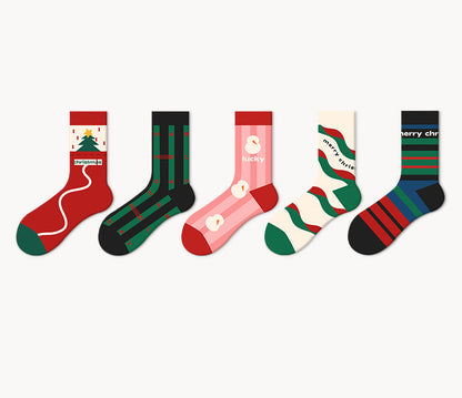 5 Pack Cute Cartoon Couples Crew Knee High Christmas Socks