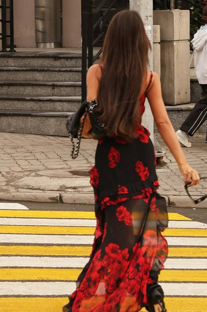 Rose Print Strapless Party Dress